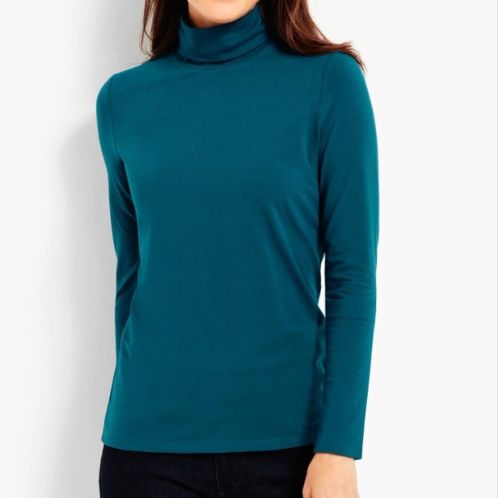 Talbots Women's Size Medium Long Sleeve Turtleneck T-Shirt Teal Blue Pima Cotton